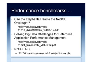 NoSQL alternatives ...
•  Best practices for scaling with DevOps and
microservices
–  http://techbeacon.com/how-wix-scaled-devops-
microservices
•  Scaling Wix to 60M Users - From Monolith to
Microservices
–  http://stackshare.io/wix/scaling-wix-to-60m-users---
from-monolith-to-microservices/
•  MySQL is a Great NoSQL Database
–  https://dzone.com/articles/mysql-is-a-great-nosql-1
 
