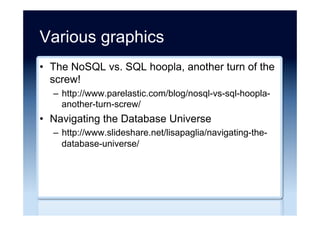 NoSQL to Relational ...
•  MongoDB to MySQL (Aadhar)
–  http://techcrunch.com/2013/12/06/inside-indias-
aadhar-the-worlds-biggest-biometrics-database/
•  MongoDB to MySQL (Diaspora)
–  http://www.slideshare.net/sarahmei/taking-diaspora-
from-mongodb-to-mysql-rubyconf-2011/
•  Redis to MySQL (OpenSource Connections)
–  http://www.slideshare.net/AllThingsOpen/stop-
worrying-love-the-sql-a-case-study/
 
