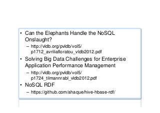Performance benchmarks ...
•  Can the Elephants Handle the NoSQL
Onslaught?
–  http://vldb.org/pvldb/vol5/
p1712_avriliafloratou_vldb2012.pdf
•  Solving Big Data Challenges for Enterprise
Application Performance Management
–  http://vldb.org/pvldb/vol5/
p1724_tilmannrabl_vldb2012.pdf
•  NoSQL RDF
–  https://github.com/ahaque/hive-hbase-rdf/
 