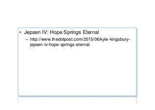 Jepsen stress testing
•  Jepsen IV: Hope Springs Eternal
–  http://www.thedotpost.com/2015/06/kyle-kingsbury-
jepsen-iv-hope-springs-eternal
 