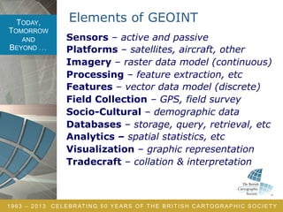 TODAY,
TOMORROW
AND
BEYOND . . .
1963 – 2013 CELEBRATING 50 YEARS OF THE BRITISH CARTOGRAPHIC SOCIETY
Elements of GEOINT
Sensors – active and passive
Platforms – satellites, aircraft, other
Imagery – raster data model (continuous)
Processing – feature extraction, etc
Features – vector data model (discrete)
Field Collection – GPS, field survey
Socio-Cultural – demographic data
Databases – storage, query, retrieval, etc
Analytics – spatial statistics, etc
Visualization – graphic representation
Tradecraft – collation & interpretation
 