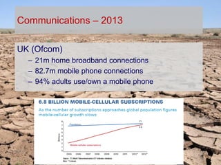 TODAY,
TOMORROW
AND
BEYOND . . .
1963 – 2013 CELEBRATING 50 YEARS OF THE BRITISH CARTOGRAPHIC SOCIETY
Communications – 2013
UK (Ofcom)
– 21m home broadband connections
– 82.7m mobile phone connections
– 94% adults use/own a mobile phone
 