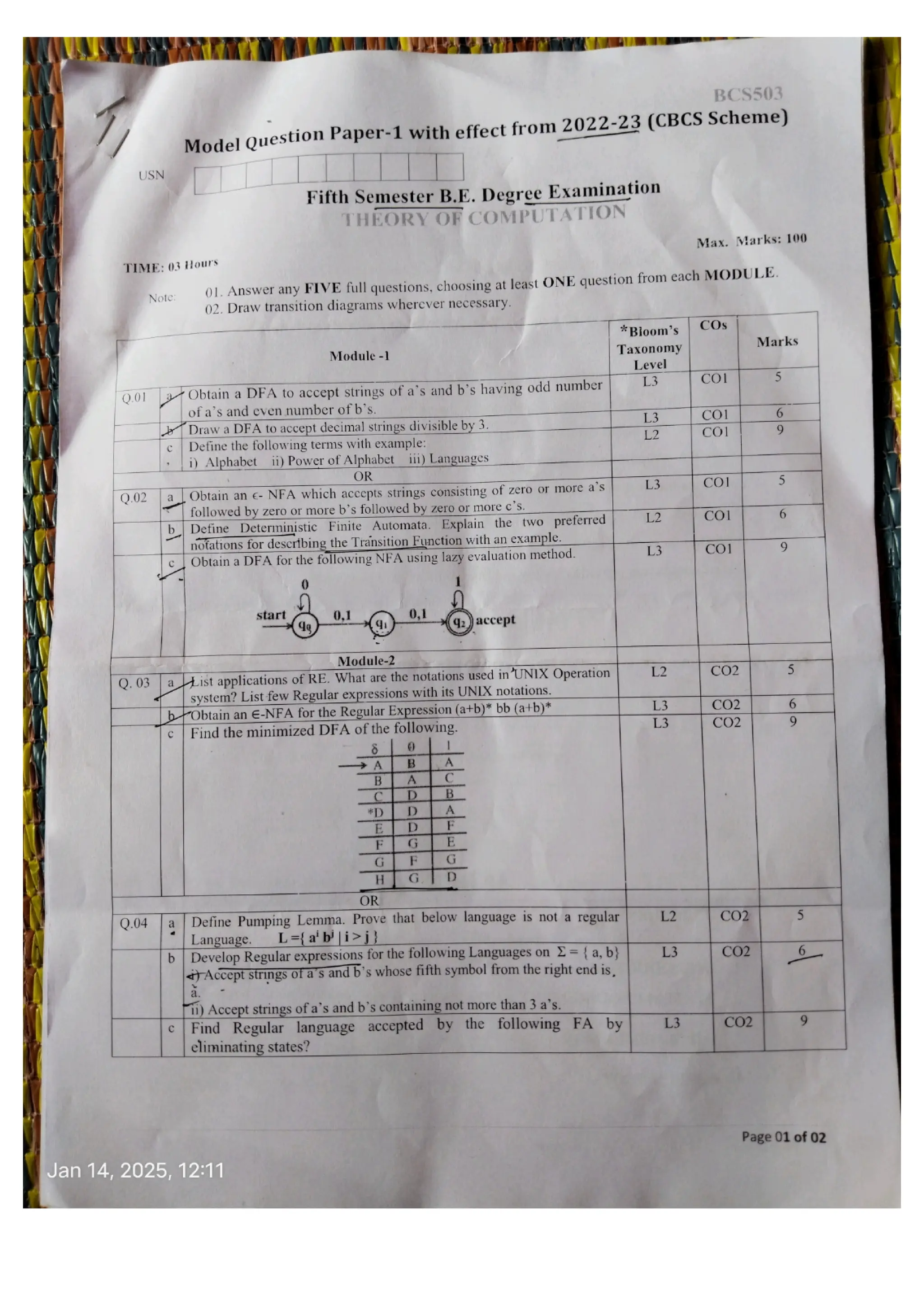 BCS503 Model Question Paper Solution Theory of Computation