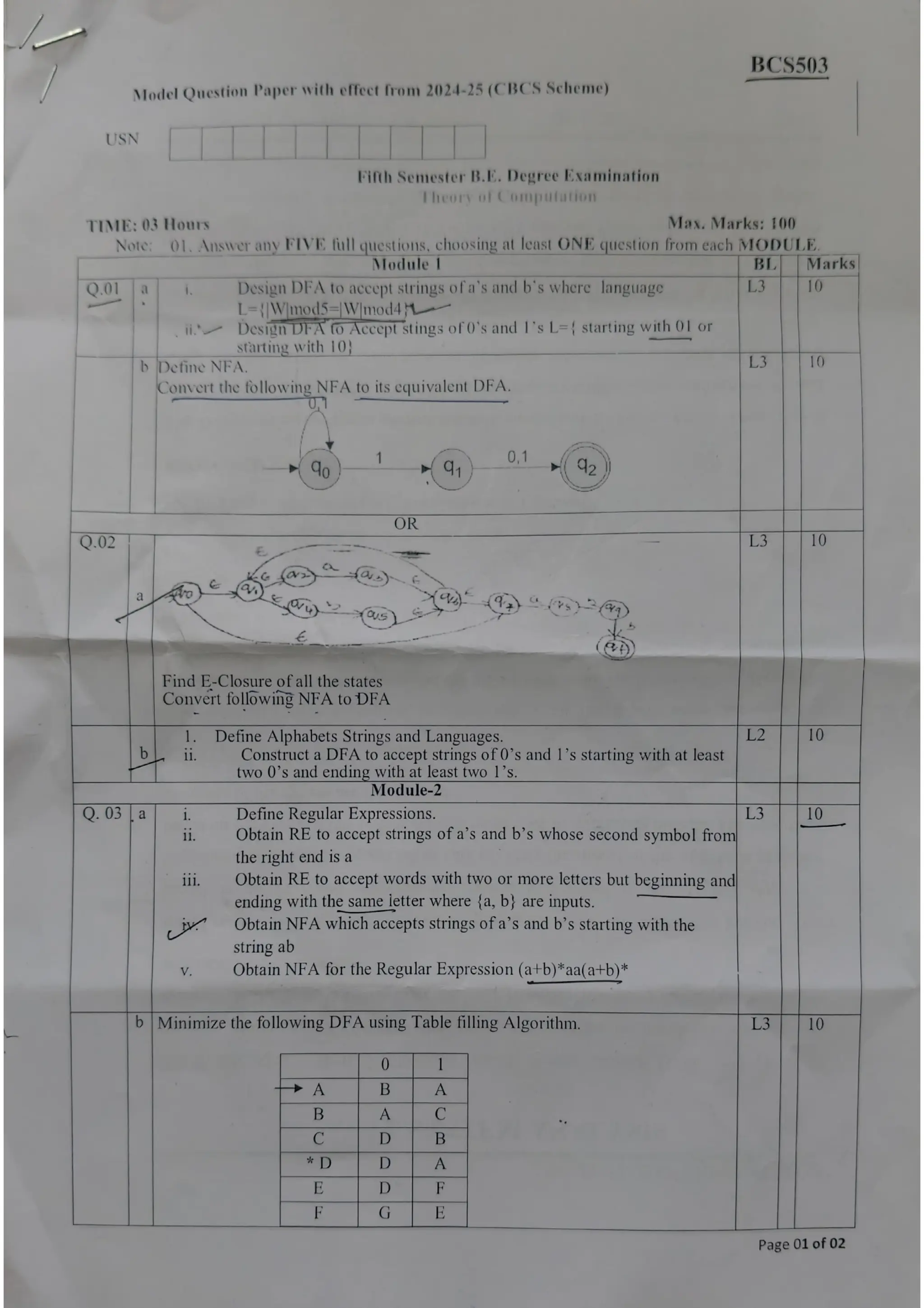 BCS503 Model Question Paper Solution Theory of Computation | PDF