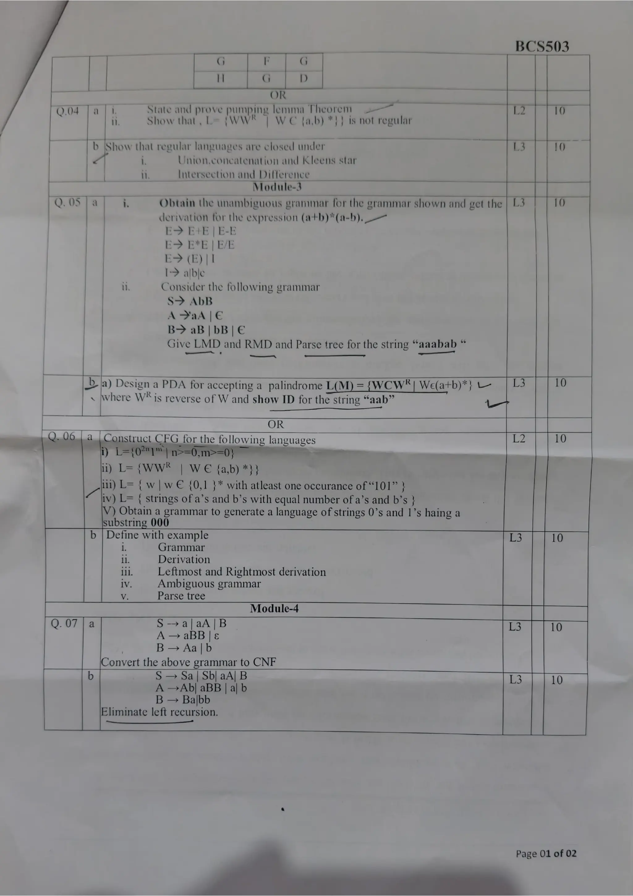 BCS503 Model Question Paper Solution Theory of Computation | PDF