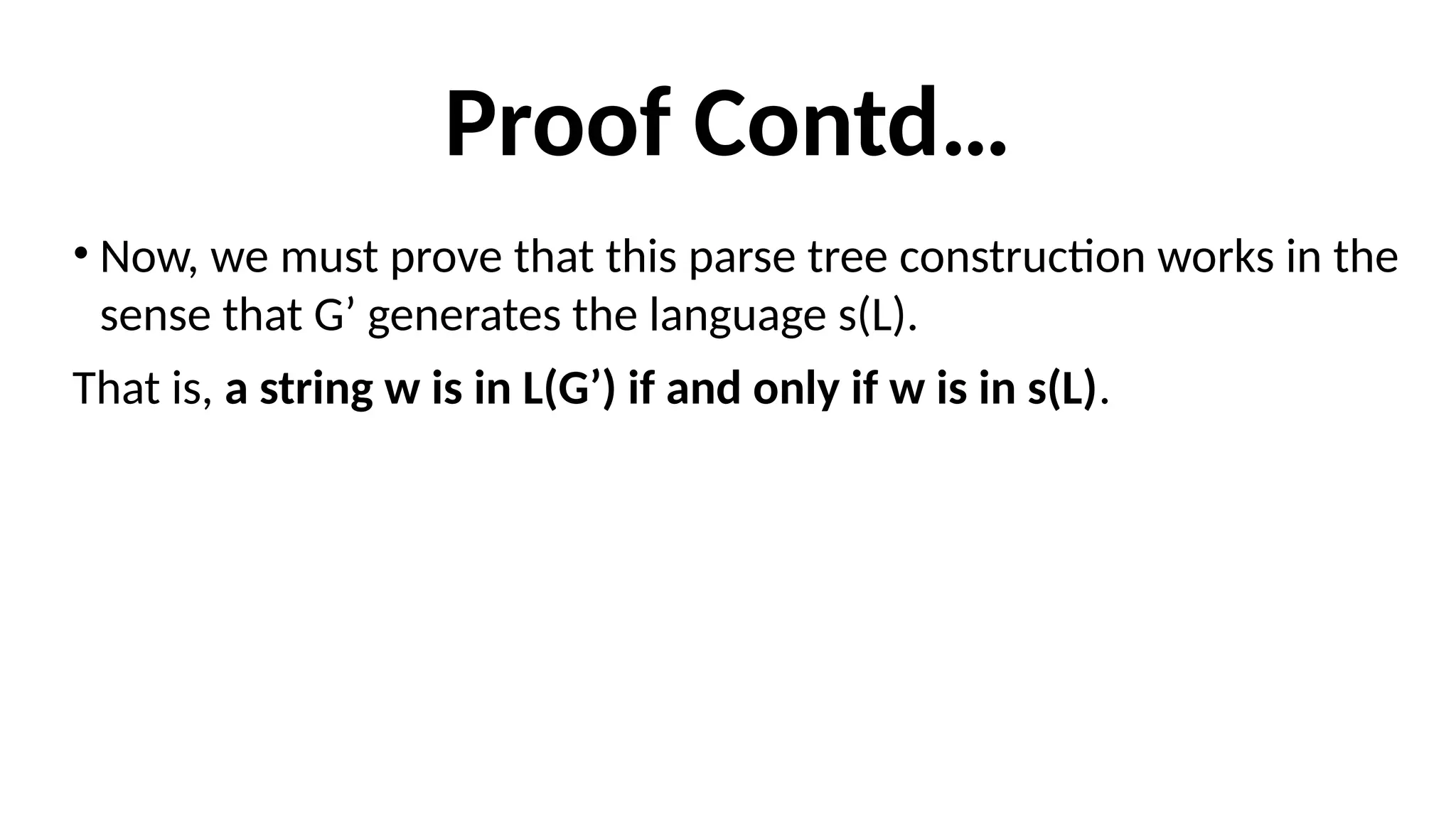Proof Contd…
• Now, we must prove that this parse tree construction works in the
sense that G’ generates the language s(L).
That is, a string w is in L(G’) if and only if w is in s(L).
 