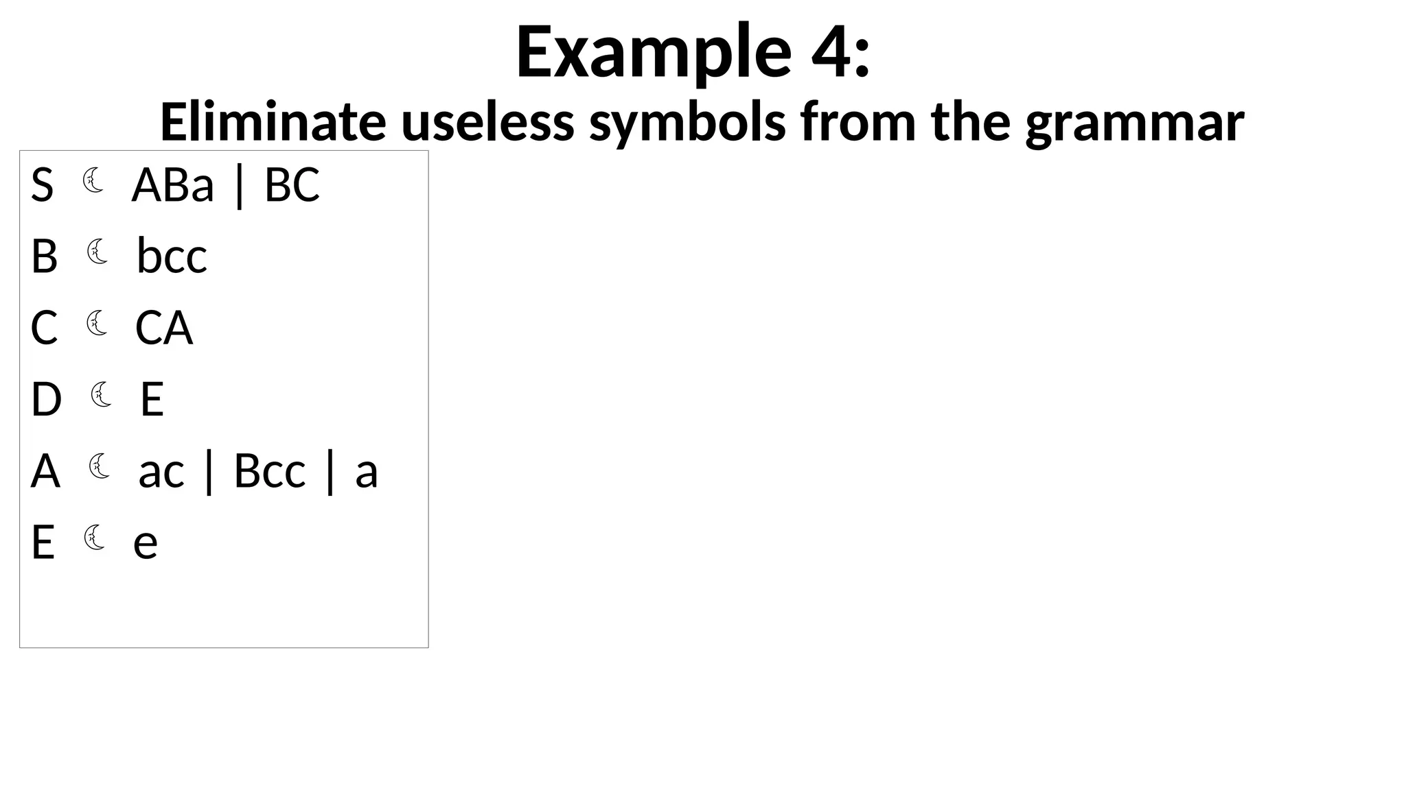 Example 4:
Eliminate useless symbols from the grammar
S  ABa | BC
B  bcc
C  CA
D  E
A  ac | Bcc | a
E  e
 