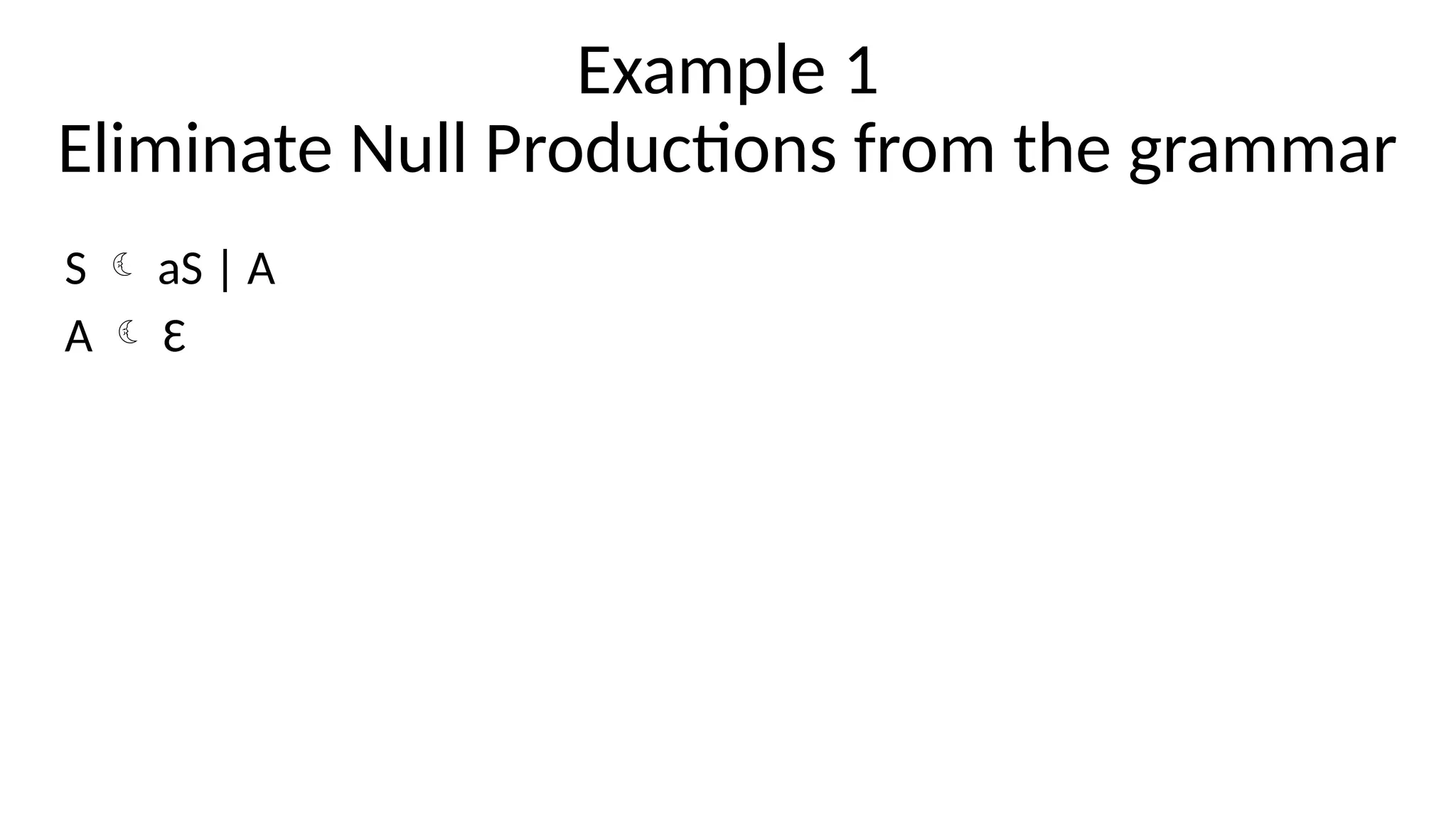 Example 1
Eliminate Null Productions from the grammar
S  aS | A
A  Ɛ
 