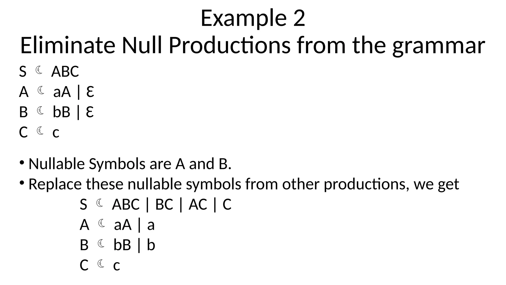 Example 2
Eliminate Null Productions from the grammar
S  ABC
A  aA | Ɛ
B  bB | Ɛ
C  c
• Nullable Symbols are A and B.
• Replace these nullable symbols from other productions, we get
S  ABC | BC | AC | C
A  aA | a
B  bB | b
C  c
 
