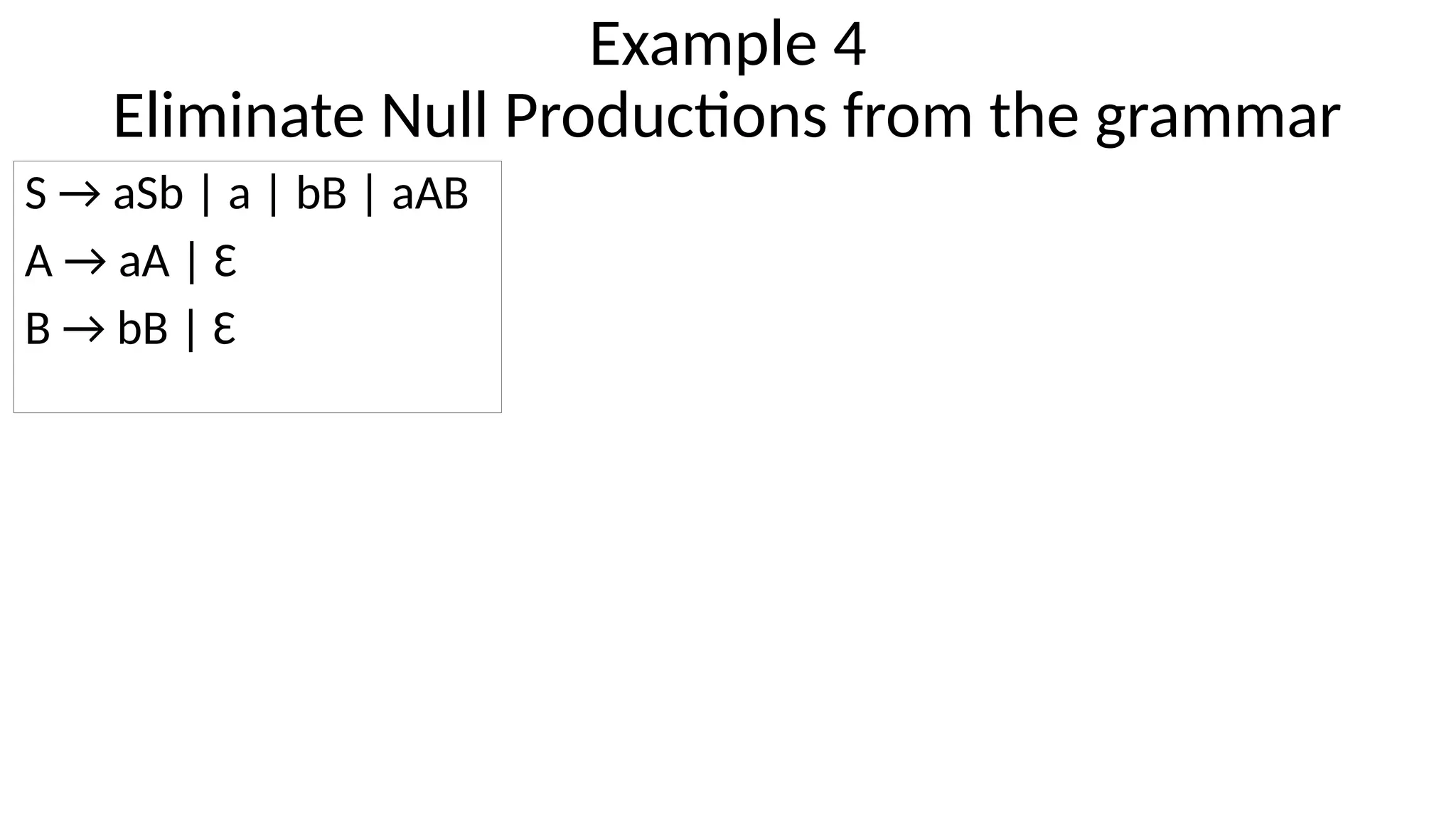 Example 4
Eliminate Null Productions from the grammar
S → aSb | a | bB | aAB
A → aA | Ɛ
B → bB | Ɛ
 