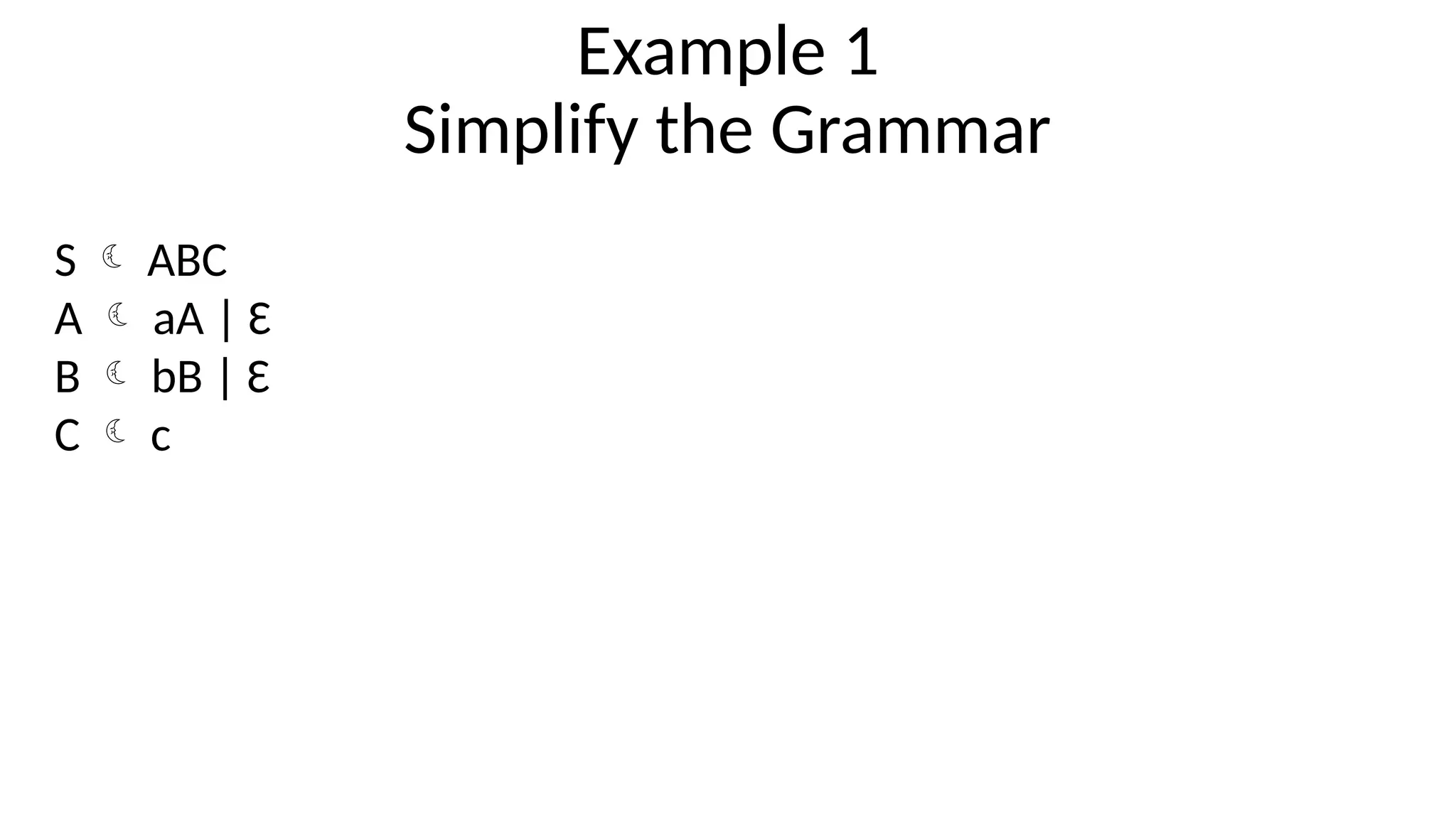 Example 1
Simplify the Grammar
S  ABC
A  aA | Ɛ
B  bB | Ɛ
C  c
 