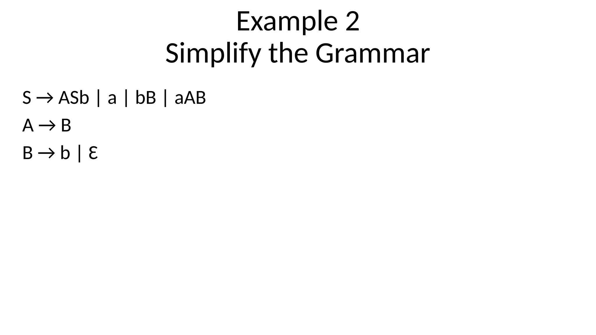 Example 2
Simplify the Grammar
S → ASb | a | bB | aAB
A → B
B → b | Ɛ
 