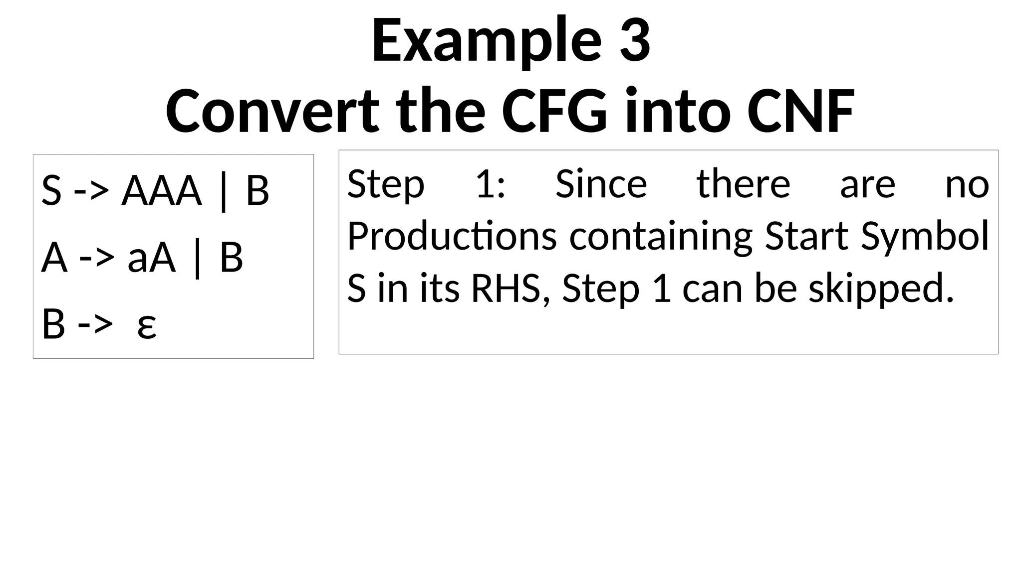 Example 3
Convert the CFG into CNF
S -> AAA | B
A -> aA | B
B -> ε
Step 1: Since there are no
Productions containing Start Symbol
S in its RHS, Step 1 can be skipped.
 