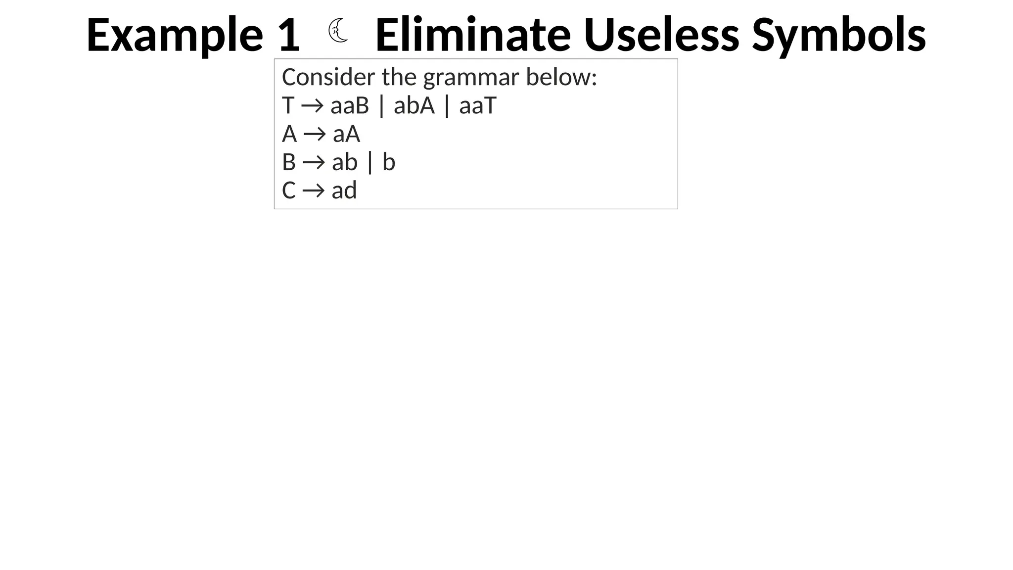 Example 1  Eliminate Useless Symbols
Consider the grammar below:
T → aaB | abA | aaT
A → aA
B → ab | b
C → ad
 