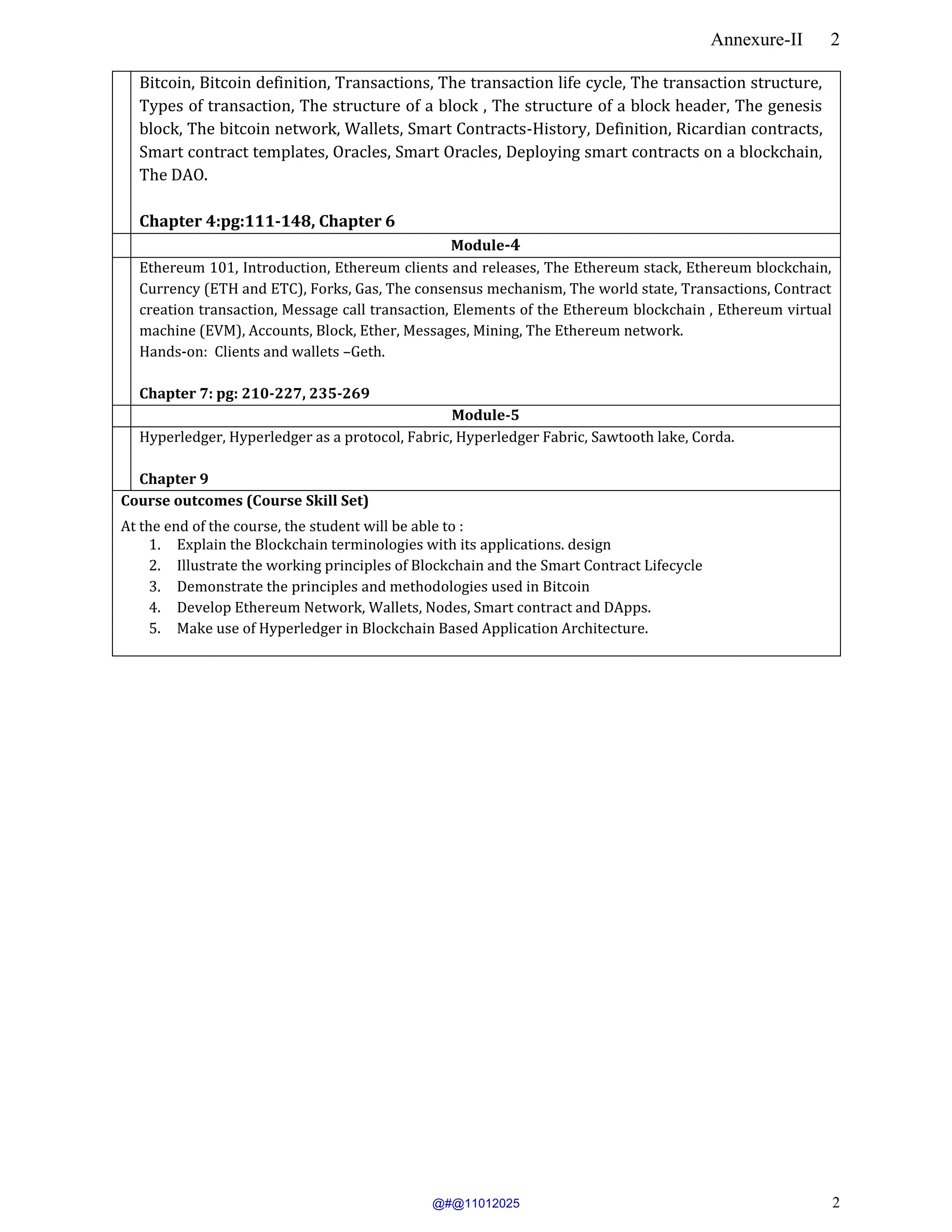 Annexure-II 2
2
Bitcoin, Bitcoin definition, Transactions, The transaction life cycle, The transaction structure,
Types of transaction, The structure of a block , The structure of a block header, The genesis
block, The bitcoin network, Wallets, Smart Contracts-History, Definition, Ricardian contracts,
Smart contract templates, Oracles, Smart Oracles, Deploying smart contracts on a blockchain,
The DAO.
Chapter 4:pg:111-148, Chapter 6
Module-4
Ethereum 101, Introduction, Ethereum clients and releases, The Ethereum stack, Ethereum blockchain,
Currency (ETH and ETC), Forks, Gas, The consensus mechanism, The world state, Transactions, Contract
creation transaction, Message call transaction, Elements of the Ethereum blockchain , Ethereum virtual
machine (EVM), Accounts, Block, Ether, Messages, Mining, The Ethereum network.
Hands-on: Clients and wallets –Geth.
Chapter 7: pg: 210-227, 235-269
Module-5
Hyperledger, Hyperledger as a protocol, Fabric, Hyperledger Fabric, Sawtooth lake, Corda.
Chapter 9
Course outcomes (Course Skill Set)
At the end of the course, the student will be able to :
1. Explain the Blockchain terminologies with its applications. design
2. Illustrate the working principles of Blockchain and the Smart Contract Lifecycle
3. Demonstrate the principles and methodologies used in Bitcoin
4. Develop Ethereum Network, Wallets, Nodes, Smart contract and DApps.
5. Make use of Hyperledger in Blockchain Based Application Architecture.
@#@11012025
 