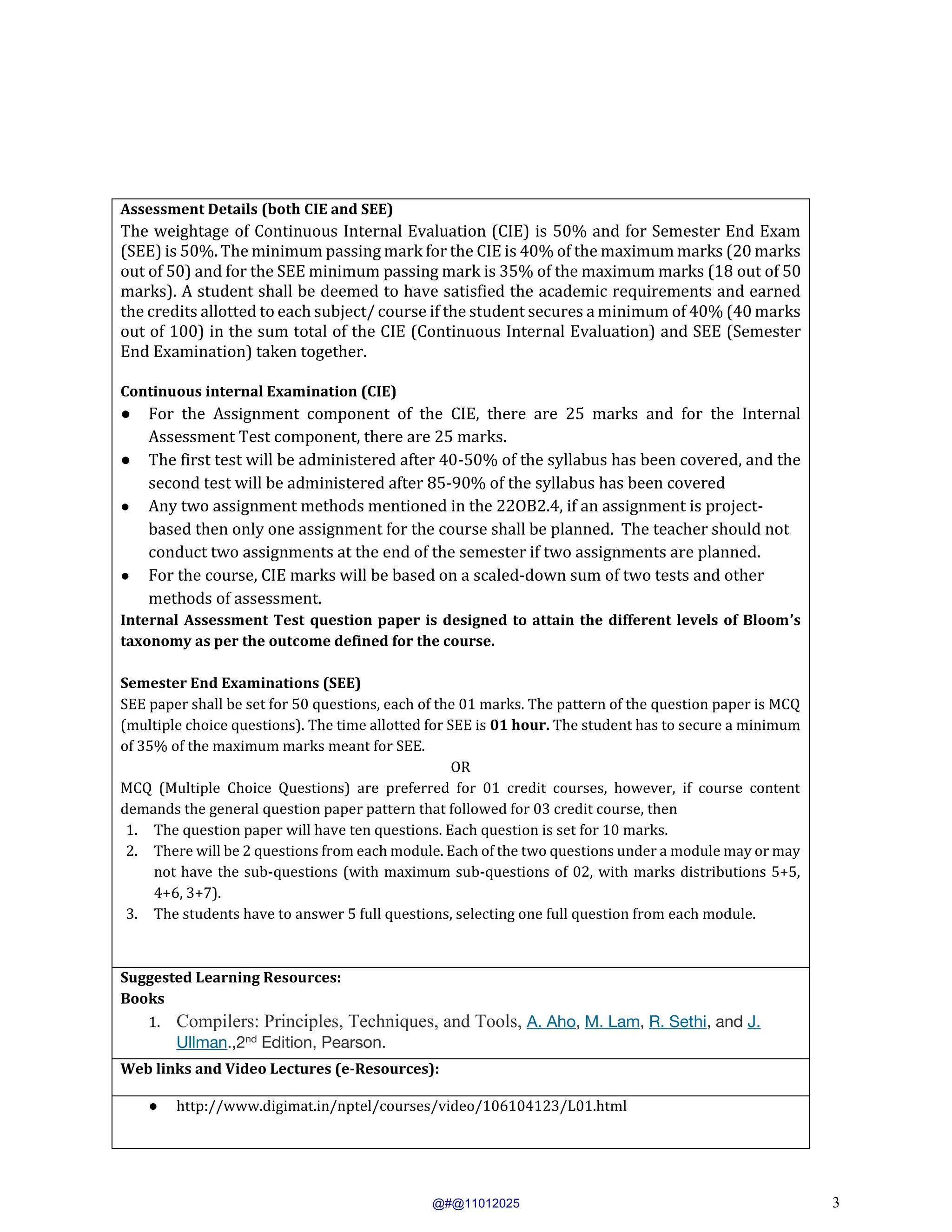 3
Assessment Details (both CIE and SEE)
The weightage of Continuous Internal Evaluation (CIE) is 50% and for Semester End Exam
(SEE) is 50%. The minimum passing mark for the CIE is 40% of the maximum marks (20 marks
out of 50) and for the SEE minimum passing mark is 35% of the maximum marks (18 out of 50
marks). A student shall be deemed to have satisfied the academic requirements and earned
the credits allotted to each subject/ course if the student secures a minimum of 40% (40 marks
out of 100) in the sum total of the CIE (Continuous Internal Evaluation) and SEE (Semester
End Examination) taken together.
Continuous internal Examination (CIE)
● For the Assignment component of the CIE, there are 25 marks and for the Internal
Assessment Test component, there are 25 marks.
● The first test will be administered after 40-50% of the syllabus has been covered, and the
second test will be administered after 85-90% of the syllabus has been covered
● Any two assignment methods mentioned in the 22OB2.4, if an assignment is project-
based then only one assignment for the course shall be planned. The teacher should not
conduct two assignments at the end of the semester if two assignments are planned.
● For the course, CIE marks will be based on a scaled-down sum of two tests and other
methods of assessment.
Internal Assessment Test question paper is designed to attain the different levels of Bloom’s
taxonomy as per the outcome defined for the course.
Semester End Examinations (SEE)
SEE paper shall be set for 50 questions, each of the 01 marks. The pattern of the question paper is MCQ
(multiple choice questions). The time allotted for SEE is 01 hour. The student has to secure a minimum
of 35% of the maximum marks meant for SEE.
OR
MCQ (Multiple Choice Questions) are preferred for 01 credit courses, however, if course content
demands the general question paper pattern that followed for 03 credit course, then
1. The question paper will have ten questions. Each question is set for 10 marks.
2. There will be 2 questions from each module. Each of the two questions under a module may or may
not have the sub-questions (with maximum sub-questions of 02, with marks distributions 5+5,
4+6, 3+7).
3. The students have to answer 5 full questions, selecting one full question from each module.
Suggested Learning Resources:
Books
1. Compilers: Principles, Techniques, and Tools, A. Aho, M. Lam, R. Sethi, and J.
Ullman.,2nd
Edition, Pearson.
Web links and Video Lectures (e-Resources):
● http://www.digimat.in/nptel/courses/video/106104123/L01.html
@#@11012025
 