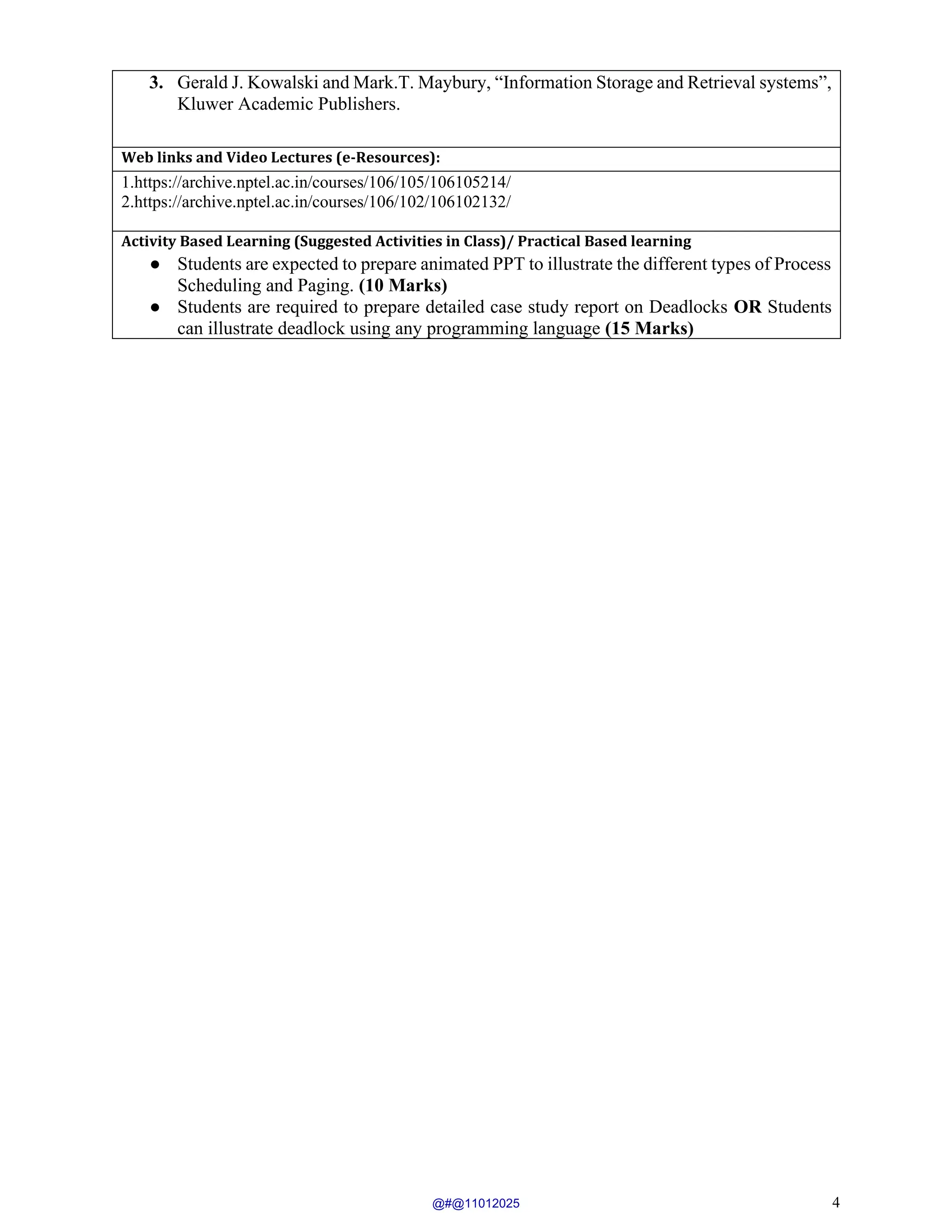 4
3. Gerald J. Kowalski and Mark.T. Maybury, “Information Storage and Retrieval systems”,
Kluwer Academic Publishers.
Web links and Video Lectures (e-Resources):
1.https://archive.nptel.ac.in/courses/106/105/106105214/
2.https://archive.nptel.ac.in/courses/106/102/106102132/
Activity Based Learning (Suggested Activities in Class)/ Practical Based learning
● Students are expected to prepare animated PPT to illustrate the different types of Process
Scheduling and Paging. (10 Marks)
● Students are required to prepare detailed case study report on Deadlocks OR Students
can illustrate deadlock using any programming language (15 Marks)
@#@11012025
 