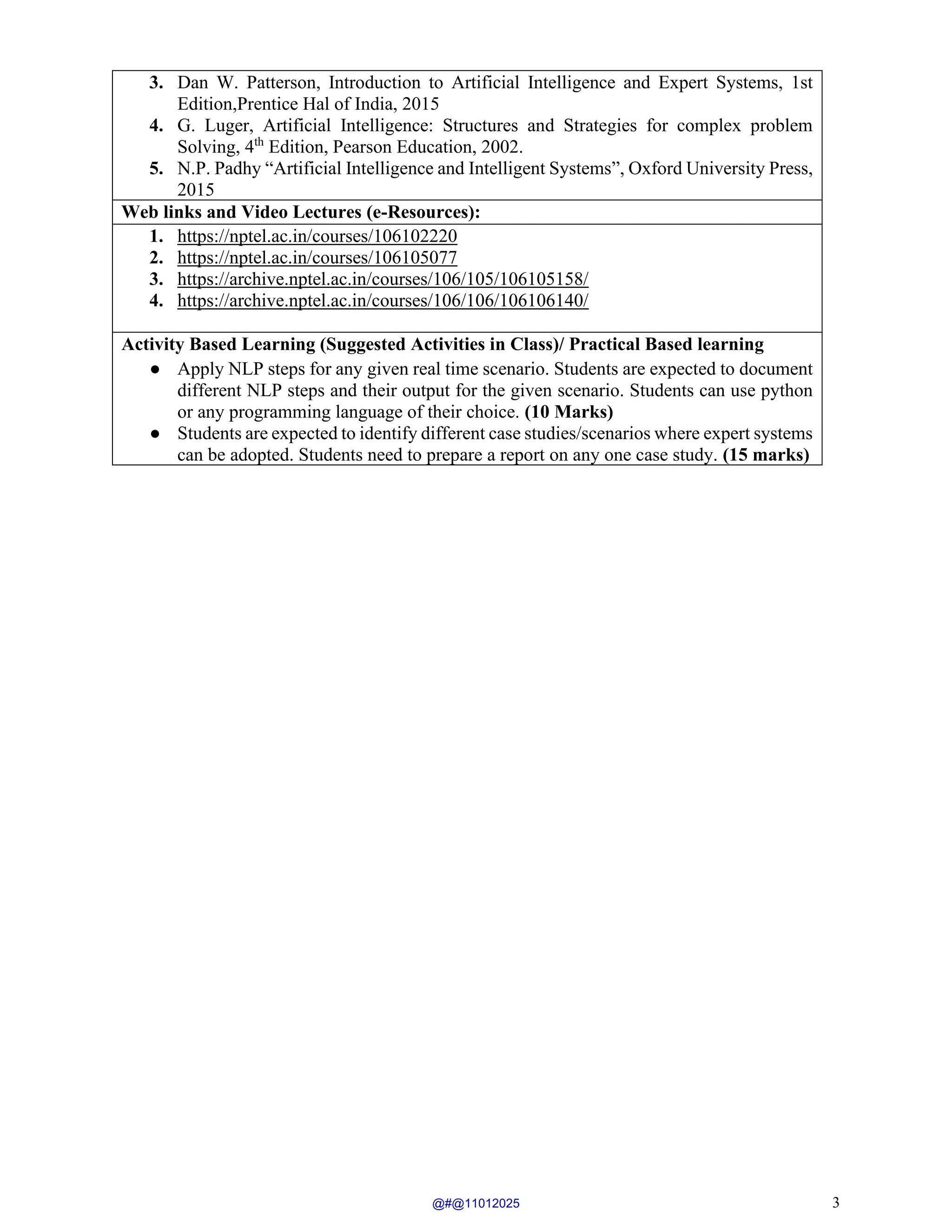 3
3. Dan W. Patterson, Introduction to Artificial Intelligence and Expert Systems, 1st
Edition,Prentice Hal of India, 2015
4. G. Luger, Artificial Intelligence: Structures and Strategies for complex problem
Solving, 4th
Edition, Pearson Education, 2002.
5. N.P. Padhy “Artificial Intelligence and Intelligent Systems”, Oxford University Press,
2015
Web links and Video Lectures (e-Resources):
1. https://nptel.ac.in/courses/106102220
2. https://nptel.ac.in/courses/106105077
3. https://archive.nptel.ac.in/courses/106/105/106105158/
4. https://archive.nptel.ac.in/courses/106/106/106106140/
Activity Based Learning (Suggested Activities in Class)/ Practical Based learning
● Apply NLP steps for any given real time scenario. Students are expected to document
different NLP steps and their output for the given scenario. Students can use python
or any programming language of their choice. (10 Marks)
● Students are expected to identify different case studies/scenarios where expert systems
can be adopted. Students need to prepare a report on any one case study. (15 marks)
@#@11012025
 