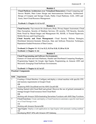 Annexure-II 2
2
Module-3
Cloud Platform Architecture over Virtualized Datacenters: Cloud Computing and
Service Models, Data Center Design and Interconnection Networks, Architectural
Design of Compute and Storage Clouds, Public Cloud Platforms: GAE, AWS and
Azure, Inter-Cloud Resource Management.
Textbook 1: Chapter 4: 4.1 to 4.5
Module-4
Cloud Security: Top concern for cloud users, Risks, Privacy Impact Assessment, Cloud
Data Encryption, Security of Database Services, OS security, VM Security, Security
Risks Posed by Shared Images and Management OS, XOAR, A Trusted Hypervisor,
Mobile Devices and Cloud Security
Cloud Security and Trust Management: Cloud Security Defense Strategies,
Distributed Intrusion/Anomaly Detection, Data and Software Protection Techniques,
Reputation-Guided Protection of Data Centers.
Textbook 2: Chapter 11: 11.1 to 11.3, 11.5 to 11.8, 11.10 to 11.14
Textbook 1: Chapter 4: 4.6
Module-5
Cloud Programming and Software Environments:
Features of Cloud and Grid Platforms, Parallel and Distributed Computing Paradigms,
Programming Support for Google App Engine, Programming on Amazon AWS and
Microsoft, Emerging Cloud Software Environments.
Textbook 1: Chapter 6: 6.1 to 6.5
Practical Components
Sl.NO Experiments
1 Creating a Virtual Machine: Configure and deploy a virtual machine with specific CPU
and memory requirements in Google Cloud.
OR
Exploring AWS CloudShell and the AWS Cloud9 IDE
2 Getting Started with Cloud Shell and gcloud: Discover the use of gcloud commands to
manage Google Cloud resources from Cloud Shell.
OR
Working with Amazon S3Orchestrating Serverless Functions with AWS Step Functions
3 Cloud Functions: Create and deploy a Cloud Function to automate a specific task based
on a Cloud Storage event.
OR
Working with Amazon DynamoDB
4 App Engine: Deploy a web application on App Engine with automatic scaling enabled.
OR
Developing REST APIs with Amazon API Gateway
@#@11012025
 