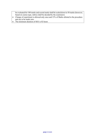 be evaluated for 100 marks and scored marks shall be scaled down to 50 marks (however,
based on course type, rubrics shall be decided by the examiners)
• Change of experiment is allowed only once and 15% of Marks allotted to the procedure
part are to be made zero.
• The minimum duration of SEE is 02 hours
@#@11012025
 