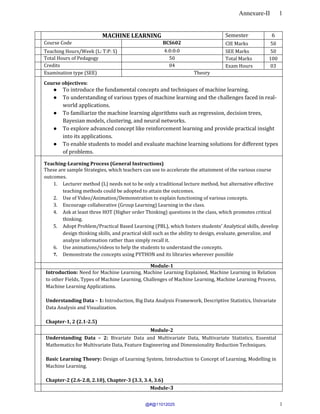 Annexure-II 1
1
MACHINE LEARNING Semester 6
Course Code BCS602 CIE Marks 50
Teaching Hours/Week (L: T:P: S) 4:0:0:0 SEE Marks 50
Total Hours of Pedagogy 50 Total Marks 100
Credits 04 Exam Hours 03
Examination type (SEE) Theory
Course objectives:
● To introduce the fundamental concepts and techniques of machine learning.
● To understanding of various types of machine learning and the challenges faced in real-
world applications.
● To familiarize the machine learning algorithms such as regression, decision trees,
Bayesian models, clustering, and neural networks.
● To explore advanced concept like reinforcement learning and provide practical insight
into its applications.
● To enable students to model and evaluate machine learning solutions for different types
of problems.
Teaching-Learning Process (General Instructions)
These are sample Strategies, which teachers can use to accelerate the attainment of the various course
outcomes.
1. Lecturer method (L) needs not to be only a traditional lecture method, but alternative effective
teaching methods could be adopted to attain the outcomes.
2. Use of Video/Animation/Demonstration to explain functioning of various concepts.
3. Encourage collaborative (Group Learning) Learning in the class.
4. Ask at least three HOT (Higher order Thinking) questions in the class, which promotes critical
thinking.
5. Adopt Problem/Practical Based Learning (PBL), which fosters students’ Analytical skills, develop
design thinking skills, and practical skill such as the ability to design, evaluate, generalize, and
analyze information rather than simply recall it.
6. Use animations/videos to help the students to understand the concepts.
7. Demonstrate the concepts using PYTHON and its libraries wherever possible
Module-1
Introduction: Need for Machine Learning, Machine Learning Explained, Machine Learning in Relation
to other Fields, Types of Machine Learning, Challenges of Machine Learning, Machine Learning Process,
Machine Learning Applications.
Understanding Data – 1: Introduction, Big Data Analysis Framework, Descriptive Statistics, Univariate
Data Analysis and Visualization.
Chapter-1, 2 (2.1-2.5)
Module-2
Understanding Data – 2: Bivariate Data and Multivariate Data, Multivariate Statistics, Essential
Mathematics for Multivariate Data, Feature Engineering and Dimensionality Reduction Techniques.
Basic Learning Theory: Design of Learning System, Introduction to Concept of Learning, Modelling in
Machine Learning.
Chapter-2 (2.6-2.8, 2.10), Chapter-3 (3.3, 3.4, 3.6)
Module-3
@#@11012025
 