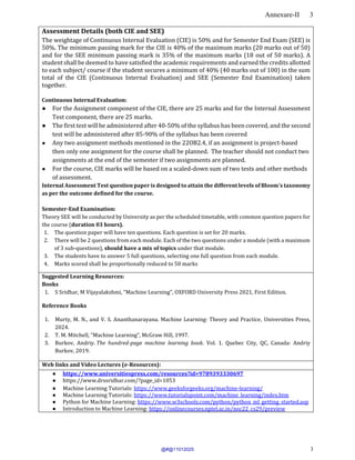 Annexure-II 3
3
Assessment Details (both CIE and SEE)
The weightage of Continuous Internal Evaluation (CIE) is 50% and for Semester End Exam (SEE) is
50%. The minimum passing mark for the CIE is 40% of the maximum marks (20 marks out of 50)
and for the SEE minimum passing mark is 35% of the maximum marks (18 out of 50 marks). A
student shall be deemed to have satisfied the academic requirements and earned the credits allotted
to each subject/ course if the student secures a minimum of 40% (40 marks out of 100) in the sum
total of the CIE (Continuous Internal Evaluation) and SEE (Semester End Examination) taken
together.
Continuous Internal Evaluation:
● For the Assignment component of the CIE, there are 25 marks and for the Internal Assessment
Test component, there are 25 marks.
● The first test will be administered after 40-50% of the syllabus has been covered, and the second
test will be administered after 85-90% of the syllabus has been covered
● Any two assignment methods mentioned in the 22OB2.4, if an assignment is project-based
then only one assignment for the course shall be planned. The teacher should not conduct two
assignments at the end of the semester if two assignments are planned.
● For the course, CIE marks will be based on a scaled-down sum of two tests and other methods
of assessment.
Internal Assessment Test question paper is designed to attain the different levels of Bloom’s taxonomy
as per the outcome defined for the course.
Semester-End Examination:
Theory SEE will be conducted by University as per the scheduled timetable, with common question papers for
the course (duration 03 hours).
1. The question paper will have ten questions. Each question is set for 20 marks.
2. There will be 2 questions from each module. Each of the two questions under a module (with a maximum
of 3 sub-questions), should have a mix of topics under that module.
3. The students have to answer 5 full questions, selecting one full question from each module.
4. Marks scored shall be proportionally reduced to 50 marks.
Suggested Learning Resources:
Books
1. S Sridhar, M Vijayalakshmi, “Machine Learning”, OXFORD University Press 2021, First Edition.
Reference Books
1. Murty, M. N., and V. S. Ananthanarayana. Machine Learning: Theory and Practice, Universities Press,
2024.
2. T. M. Mitchell, “Machine Learning”, McGraw Hill, 1997.
3. Burkov, Andriy. The hundred-page machine learning book. Vol. 1. Quebec City, QC, Canada: Andriy
Burkov, 2019.
Web links and Video Lectures (e-Resources):
● https://www.universitiespress.com/resources?id=9789393330697
● https://www.drssridhar.com/?page_id=1053
● Machine Learning Tutorials: https://www.geeksforgeeks.org/machine-learning/
● Machine Learning Tutorials: https://www.tutorialspoint.com/machine_learning/index.htm
● Python for Machine Learning: https://www.w3schools.com/python/python_ml_getting_started.asp
● Introduction to Machine Learning: https://onlinecourses.nptel.ac.in/noc22_cs29/preview
@#@11012025
 