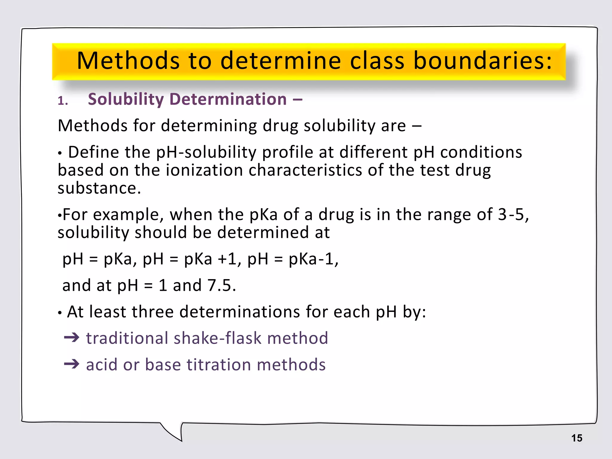 Methods to determine class boundaries:
1. Solubility Determination –
Methods for determining drug solubility are –
• Define the pH-solubility profile at different pH conditions
based on the ionization characteristics of the test drug
substance.
•For example, when the pKa of a drug is in the range of 3-5,
solubility should be determined at
pH = pKa, pH = pKa +1, pH = pKa-1,
and at pH = 1 and 7.5.
• At least three determinations for each pH by:
➔ traditional shake-flask method
➔ acid or base titration methods
15
 