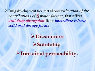 Drug development tool that allows estimation of the
contributions of 3 major factors, that affect
oral drug absorption f...