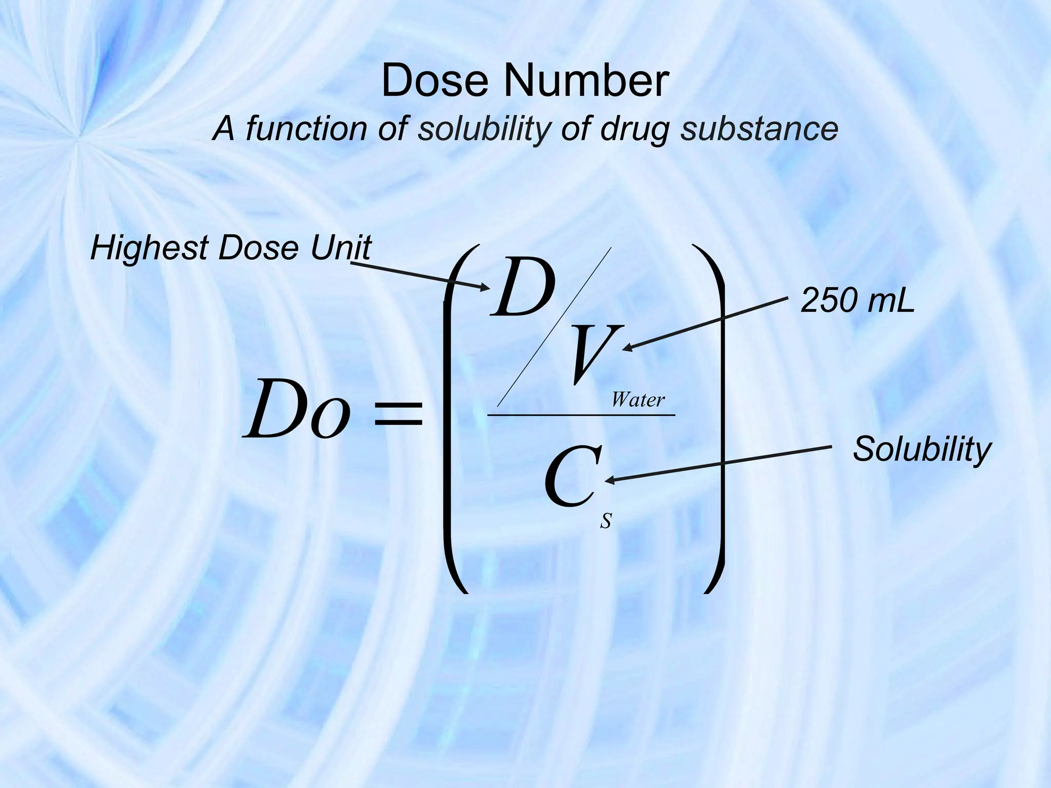Dose Number
       A function of solubility of drug substance


Highest Dose Unit
              D                             250 mL

               V                        
         Do =                   Water

                                         
               C
                                                    Solubility
                                         
                                        
                                 S
 