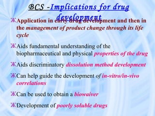 BCS -Implications for drug
developmentЖApplication in early drug development and then in
the management of product change through its life
cycle
ЖAids fundamental understanding of the
biopharmaceutical and physical properties of the drug
ЖAids discriminatory dissolution method development
ЖCan help guide the development of in-vitro/in-vivo
correlations
ЖCan be used to obtain a biowaiver
ЖDevelopment of poorly soluble drugs
 