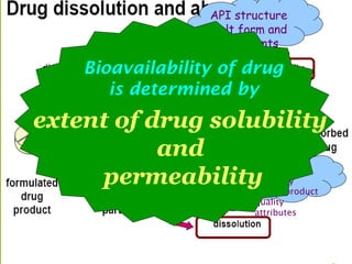 drug
solubility
drug product
quality
attributes
API structure
salt form and
excipients
Bioavailability of drug
is determined by
extent of drug solubility
and
permeability
 