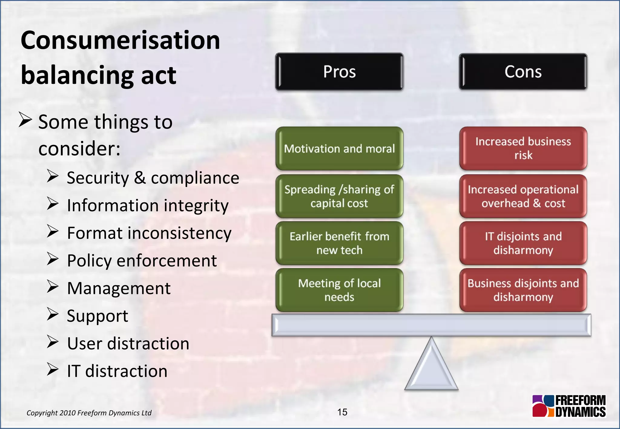 Consumerisation balancing act  Some things to consider: Security & compliance Information integrity Format inconsistency Policy enforcement Management Support User distraction IT distraction 