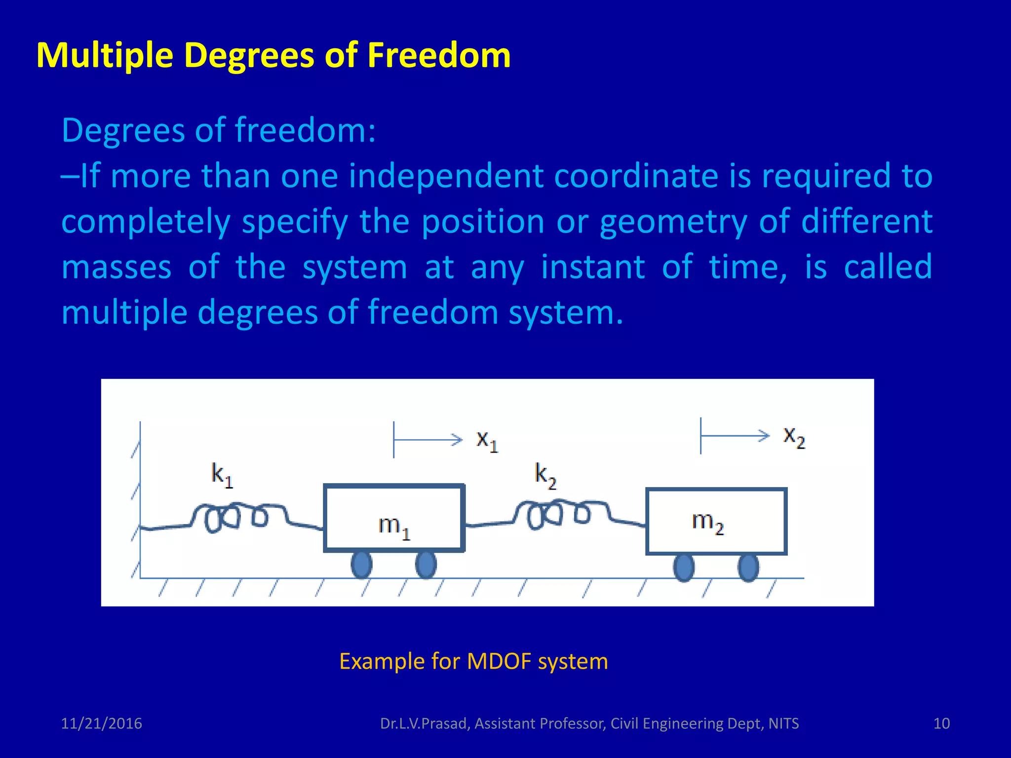 Degrees of freedom:
–If more than one independent coordinate is required to
completely specify the position or geometry of different
masses of the system at any instant of time, is called
multiple degrees of freedom system.
Multiple Degrees of Freedom
11/21/2016 10Dr.L.V.Prasad, Assistant Professor, Civil Engineering Dept, NITS
Example for MDOF system
 