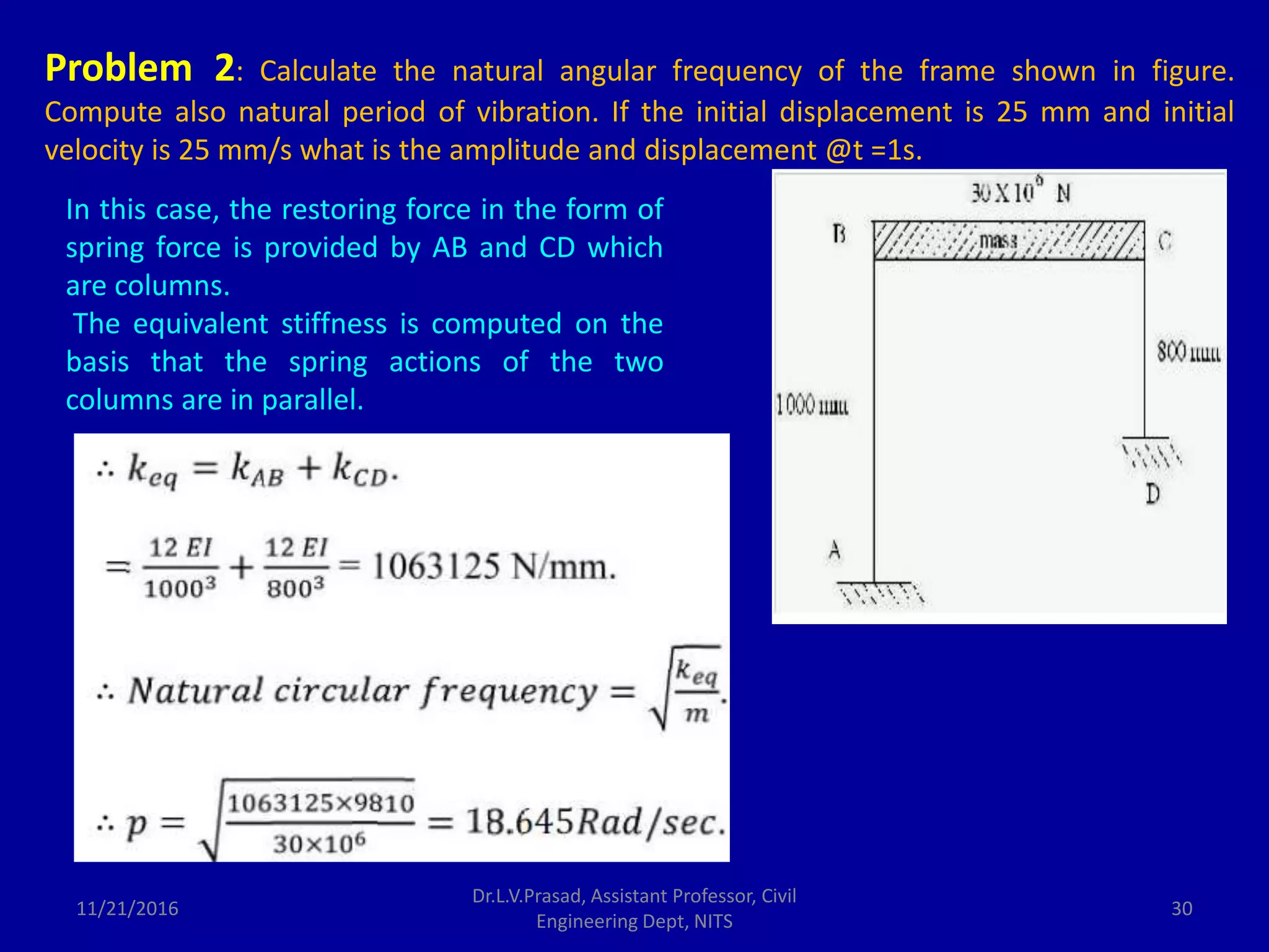11/21/2016
Dr.L.V.Prasad, Assistant Professor, Civil
Engineering Dept, NITS
30
Problem 2: Calculate the natural angular frequency of the frame shown in figure.
Compute also natural period of vibration. If the initial displacement is 25 mm and initial
velocity is 25 mm/s what is the amplitude and displacement @t =1s.
In this case, the restoring force in the form of
spring force is provided by AB and CD which
are columns.
The equivalent stiffness is computed on the
basis that the spring actions of the two
columns are in parallel.
 