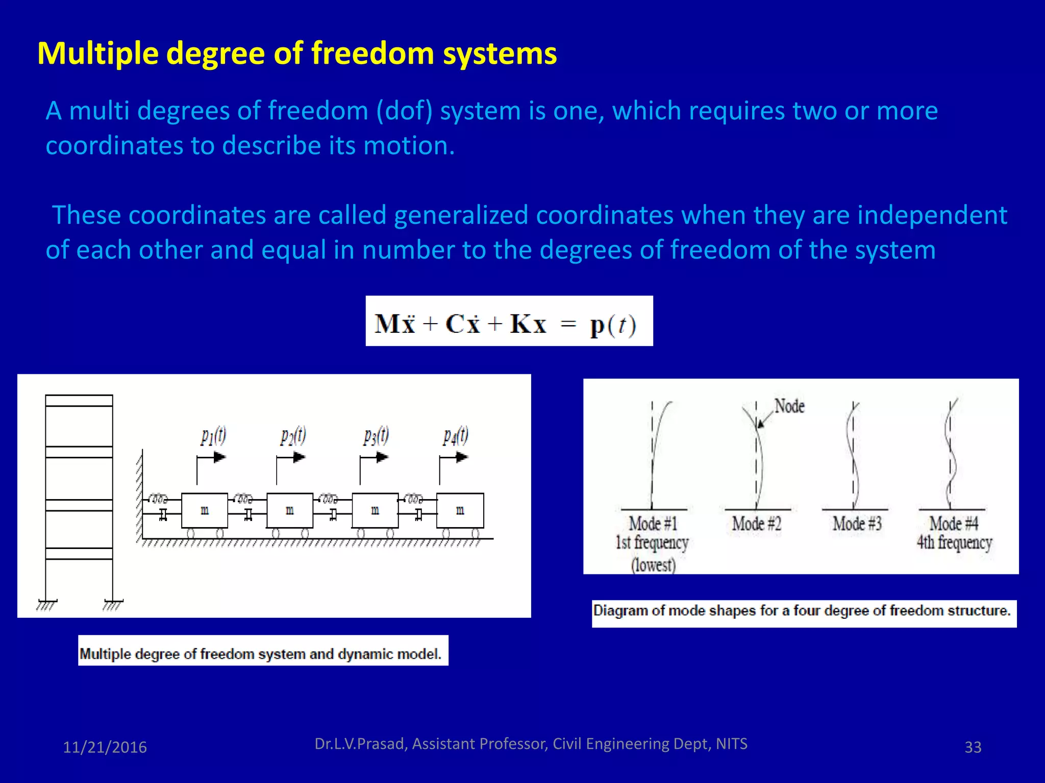 11/21/2016 Dr.L.V.Prasad, Assistant Professor, Civil Engineering Dept, NITS 33
Multiple degree of freedom systems
A multi degrees of freedom (dof) system is one, which requires two or more
coordinates to describe its motion.
These coordinates are called generalized coordinates when they are independent
of each other and equal in number to the degrees of freedom of the system
 