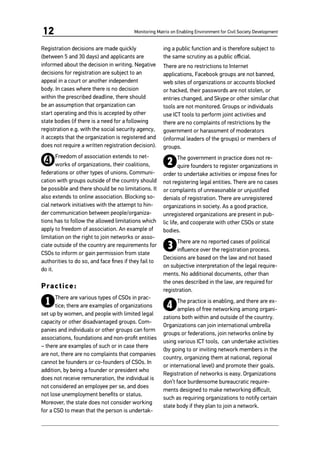 Monitoring Matrix on Enabling Environment for Civil Society Development12
Registration decisions are made quickly
(between 5 and 30 days) and applicants are
informed about the decision in writing. Negative
decisions for registration are subject to an
appeal in a court or another independent
body. In cases where there is no decision
within the prescribed deadline, there should
be an assumption that organization can
start operating and this is accepted by other
state bodies (if there is a need for a following
registration e.g. with the social security agency,
it accepts that the organization is registered and
does not require a written registration decision).
4Freedom of association extends to net-
works of organizations, their coalitions,
federations or other types of unions. Communi-
cation with groups outside of the country should
be possible and there should be no limitations. It
also extends to online association. Blocking so-
cial network initiatives with the attempt to hin-
der communication between people/organiza-
tions has to follow the allowed limitations which
apply to freedom of association. An example of
limitation on the right to join networks or asso-
ciate outside of the country are requirements for
CSOs to inform or gain permission from state
authorities to do so, and face fines if they fail to
do it.
Practice:
1There are various types of CSOs in prac-
tice; there are examples of organizations
set up by women, and people with limited legal
capacity or other disadvantaged groups. Com-
panies and individuals or other groups can form
associations, foundations and non-profit entities
– there are examples of such or in case there
are not, there are no complaints that companies
cannot be founders or co-founders of CSOs. In
addition, by being a founder or president who
does not receive remuneration, the individual is
not considered an employee per se, and does
not lose unemployment benefits or status.
Moreover, the state does not consider working
for a CSO to mean that the person is undertak-
ing a public function and is therefore subject to
the same scrutiny as a public official.
There are no restrictions to Internet
applications, Facebook groups are not banned,
web sites of organizations or accounts blocked
or hacked, their passwords are not stolen, or
entries changed, and Skype or other similar chat
tools are not monitored. Groups or individuals
use ICT tools to perform joint activities and
there are no complaints of restrictions by the
government or harassment of moderators
(informal leaders of the groups) or members of
groups.
2The government in practice does not re-
quire founders to register organizations in
order to undertake activities or impose fines for
not registering legal entities. There are no cases
or complaints of unreasonable or unjustified
denials of registration. There are unregistered
organizations in society. As a good practice,
unregistered organizations are present in pub-
lic life, and cooperate with other CSOs or state
bodies.
3There are no reported cases of political
influence over the registration process.
Decisions are based on the law and not based
on subjective interpretation of the legal require-
ments. No additional documents, other than
the ones described in the law, are required for
registration.
4The practice is enabling, and there are ex-
amples of free networking among organi-
zations both within and outside of the country.
Organizations can join international umbrella
groups or federations, join networks online by
using various ICT tools, can undertake activities
(by going to or inviting network members in the
country, organizing them at national, regional
or international level) and promote their goals.
Registration of networks is easy. Organizations
don’t face burdensome bureaucratic require-
ments designed to make networking difficult,
such as requiring organizations to notify certain
state body if they plan to join a network.
 
