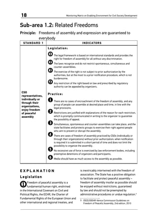 Monitoring Matrix on Enabling Environment for Civil Society Development18
Sub-area 1.2: Related Freedoms
Principle: 	 Freedoms of assembly and expression are guaranteed to
everybody
STANDARD 1 INDICATORS
CSO
representatives,
individually or
through their
organizations,
enjoy freedom
of peaceful
assembly
Legislation:
1	The legal framework is based on international standards and provides the
right for freedom of assembly for all without any discrimination.
2	The laws recognize and do not restrict spontaneous, simultaneous and
counter-assemblies.
3	The exercise of the right is not subject to prior authorization by the
authorities, but at the most to a prior notification procedure, which is not
burdensome.
4	Any restriction of the right based on law and prescribed by regulatory
authority can be appealed by organizers.
Practice:
1	There are no cases of encroachment of the freedom of assembly, and any
group of people can assemble at desired place and time, in line with the
legal provisions.
2	Restrictions are justified with explanations of the reason for each restriction,
which is promptly communicated in writing to the organizer to guarantee
the possibility of appeal.
3	Simultaneous, spontaneous and counter-assemblies can take place, and the
state facilitates and protects groups to exercise their right against people
who aim to prevent or disrupt the assembly.
4	There are cases of freedom of assembly practiced by CSOs (individually or
through their organizations) without prior authorization; when notification
is required it is submitted in a short period of time and does not limit the
possibility to organize the assembly.
5	No excessive use of force is exercised by law enforcement bodies, including
preemptive detentions of organizers and participants.
6	Media should have as much access to the assembly as possible.
E X P L A N A T I O N
Legislation
1Freedom of peaceful assembly is a
fundamental human right, enshrined
in the International Covenant on Civil and
Political Rights, the ECHR, the Charter of
Fundamental Rights of the European Union and
other international and regional treaties, and
is inextricably intertwined with the freedom of
association. The State has a positive obligation
to facilitate and protect peaceful assembly –
freedom of assembly insofar as possible should
be enjoyed without restrictions, guaranteed
by law and should not be preempted by
administrative procedures or undue regulation.9
9	 OSCE/OIDHR-Venice Commission Guidelines on
Freedom of Peaceful Assembly, 2nd edition, 2010
 