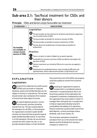 Monitoring Matrix on Enabling Environment for Civil Society Development26
Sub-area 2.1:	 Tax/fiscal treatment for CSOs and
their donors
Principle: 	 CSOs and donors enjoy favourable tax treatment
STANDARD 1 INDICATORS
Tax benefits
are available on
various income
sources of CSOs
Legislation:
1	The law provides tax free treatment for all grants and donations supporting
non-for-profit activity of CSOs.
2	The law provides tax benefits for economic activities of CSOs.
3	The law provides tax benefits for passive investments of CSOs.
4	The law allows the establishment of and provides tax benefits for
endowments.
Practice:
1	There is no direct or indirect (hidden) tax on grants reported.
2	Tax benefits for economic activities of CSOs are effective and support the
operation of CSOs.
3	Passive investments are utilized by CSOs and no sanctions are applied in
doing so.
4	Endowments are established without major procedural difficulties and
operated freely, without administrative burden or high financial cost.
E X P L A N A T I O N
Legislation:
1Income from traditional non-profit sources
of CSOs such as private or corporate
donations, grants and membership fees are not
subject to income or corporate tax. The tax laws
should contain clear exemptions from taxation
of income from these types of sources.
2As a good regulatory practice, income
from economic activities should be
exempt from tax. The law could provide for
full exemption for all CSOs, or full exemption
for organizations involved in public benefit
activities (or those that have acquired a special
public benefit/charitable status). In case there
is no full exemption, the law can tax economic
activities but with a lower tax rate, or can
provide exemption below a certain threshold.
The income from rent of the CSO’s own property
could also qualify as income from economic
activity.
3Investing an organization’s assets to
increase them is considered a passive
investment. It is passive because that is not
the primary purpose of the organization (as
compared to investment companies) but once
the organization has some assets it is best if it
manages them with good care. It usually aims
to help an organization develop long-term
sustainability and stability of its operations.
Passive investment would include income from
bank deposits, currency exchange surplus,
dividends, sale of own shares, etc.
The most basic exemptions include the
exemption from tax on the interest from bank
deposits and the dividends from owning a
company (or shares in it).
 