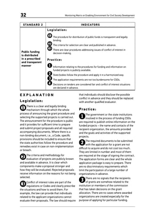 Monitoring Matrix on Enabling Environment for Civil Society Development32
STANDARD 2 INDICATORS
Public funding
is distributed
in a prescribed
and transparent
manner
Legislation:
1	The procedure for distribution of public funds is transparent and legally
binding.
2	The criteria for selection are clear and published in advance.
3	There are clear procedures addressing issues of conflict of interest in
decision-making.
Practice:
1	Information relating to the procedures for funding and information on
funded projects is publicly available.
2	State bodies follow the procedure and apply it in a harmonized way.
3	The application requirements are not too burdensome for CSOs.
4	Decisions on tenders are considered fair and conflict of interest situations
are declared in advance.
E X P L A N A T I O N
Legislation:
1There is a clear and legally binding
mechanism through which the whole
process of announcing the grant procedure and
selecting the supported projects is carried out.
The announcement for the procedure is public
and it provides for sufficient time to prepare
and submit project proposals and all required
accompanying documents. Where there is a
non-binding document, i.e., a Code, specific
provisions should be included to ensure that
the state authorities follow the procedure and
remedies exist in case on non-implementation
or breach.
2The criteria and methodology for
evaluation of projects are publicly known
and available in advance. It is clear which
components make a proposal stronger and
how they will be evaluated. Rejected proposals
receive information on the reasons for not being
selected.
3Conflict of interest rules are part of the
regulations or Codes and clearly prescribe
the situations and how to avoid them. For
example, the law can provide that individuals
related to the applicant organizations cannot
evaluate their proposals. The law should require
that individuals should disclose the possible
conflict in advance and they should be replaced
with another qualified evaluator.
Practice:
1The government or the state institutions
involved in the process of funding CSOs
are required to publish online information on the
funded projects – the name and contacts of the
recipient organization, the amounts provided
and the goals and activities of the supported
projects.
2The required documents to be submitted
with the application for a grant are not
difficult to acquire and do not cost too much.
They are limited in number and most of them
are required at the stage of signing the contract.
The application forms are clear and the whole
application package is easy to prepare. There
are no discriminatory requirements which
limit the participation of a large number of
organizations in advance.
3There are no signals that the recipients
of grants are somehow related to the
institution or members of the commission
that has taken decisions on the grant
allocation. There are no cases where awarded
organizations are created especially for the
purpose of applying for particular funding.
 