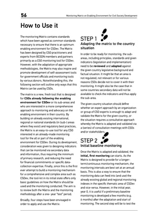 Monitoring Matrix on Enabling Environment for Civil Society Development56
STEP 1
Adapting the matrix to the country
situation
In order to be ready for monitoring, the sub-
areas, including principles, standards and given
indicators (legislation and implementation)
need to be reviewed and adapted against
the given country legislative background and
factual situation. It might be that an area is
not regulated, not relevant or for various
reasons CSOs decide not to cover it with their
monitoring. It might also be the case that in
some countries secondary data will not be
available to check the indicators and thus apply
the sub-area.
The given country situation should define
whether an expert approach by an organization
or group of CSO experts is enough to adapt and
validate the Matrix for the given country, or
the situation requires a consultative approach
whereby the Matrix is adapted and validated via
a (series) of consultation meetings with CSOs
and/or stakeholders.
STEP 2
Initial baseline monitoring
Once the Matrix is adapted and validated, the
initial, first monitoring can starts. As the
Matrix is designed to provide for a longer-
term/continuous monitoring mechanism, the
monitoring intervals are best set at an annual
basis. This is also a way to ensure that the
monitoring data can feed into (and use) the
already existing global and regional monitoring
indexes in the specific thematic area of CSDev
and vice-versa. However, in the initial year,
year 0, it is useful if a preliminary baseline
monitoring is developed a few months (e.g.
6 months) after the adaptation and start of
monitoring. The second step will be to test the
The monitoring Matrix contains standards
which have been agreed as common standards
necessary to ensure that there is an optimum
enabling environment for CSDev. The Matrix
has been designed by CSO practitioners and
experts from BCSDN members and partners
primarily as a CSO monitoring tool for CSDev.
However, with the adaptation of appropriate
methodologies, the Matrix may also inspire and
promote development of self-assessment tools
for government officials and monitoring tools
by various donors. Notwithstanding this, the
following section will outline only ways that this
Matrix can be used by CSOs.
The matrix is a new, fresh tool that is designed
for CSOs already following the enabling
environment for CSDev or its sub-areas and
who are interested in a more comprehensive
approach to monitoring and advocacy on the
enabling environment in their country. By
building on already existing international,
regional or national standards (in (sub-) areas
where they exist) and regulatory best practices,
the Matrix is an easy-to-use tool for any CSO
interested in an already-made monitoring
tool for the all or part of the enabling
environment for CSDev. During its development,
consideration was given to designing indicators
that can be monitored via secondary data
and information, thus requiring the minimum
of primary research, and reducing the need
for financial commitments or specific data-
collection expertise. Finally, since this is the first
ever attempt to build a monitoring mechanism
for a comprehensive and complex area such as
CSDev, the tool-kit in its initial state offers only
basic guidelines on how the Matrix should be
used and the monitoring conducted. The aim is
to review both the Matrix and the monitoring
methodology after a one- year “test” period.
Broadly, four steps have been envisaged in
order to apply and use the Matrix:
How to Use it
 