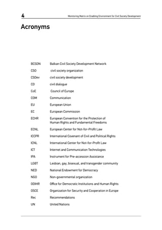 Monitoring Matrix on Enabling Environment for Civil Society Development4
Acronyms
BCSDN 	 Balkan Civil Society Development Network
CSO	 civil society organization
CSDev 	 civil society development
CD 	 civil dialogue
CoE 	 Council of Europe
COM	 Communication
EU 	 European Union
EC 	 European Commission
ECHR 	 European Convention for the Protection of
	 Human Rights and Fundamental Freedoms
ECNL 	 European Center for Not-for-Profit Law
ICCPR 	 International Covenant of Civil and Political Rights
ICNL 	 International Center for Not-for-Profit Law
ICT 	 Internet and Communication Technologies
IPA 	 Instrument for Pre-accession Assistance
LGBT 	 Lesbian, gay, bisexual, and transgender community
NED 	 National Endowment for Democracy
NGO 	 Non-governmental organization
ODIHR 	 Office for Democratic Institutions and Human Rights
OSCE 	 Organization for Security and Cooperation in Europe
Rec 	 Recommendations
UN 	 United Nations
 