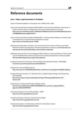Balkan Civic Practices # 9 69
Reference documents
Area 1: Basic Legal Guarantees to Freedoms
Charter of Fundamental Rights of the European Union, (2000/C 364/01), 2000
Council of Europe (CoE) Recommendation CM/Rec (2007)14 of the Committee of Ministers of the Council of
Europe to member states on the legal status of non-governmental organisations in Europe
https://wcd.coe.int/ViewDoc.jsp?id=1194609&Site=CM&BackColorInternet=9999CC&BackColorIntran
et=FFBB55&BackColorLogged=FFAC75
Council of Europe (CoE) Recommendation CM/Rec(2007)14 of the Committee of Ministers to member states
on the legal status of non-governmental organisations in Europe
https://wcd.coe.int/ViewDoc.jsp?id=1194609
Defending Civil Society Report, 2nd edition, 2012, International Center for Not-for-Profit Law and  World
Movement for Democracy Secretariat at the National Endowment for Democracy (NED) http://www.icnl.
org/research/resources/dcs/DCS_Report_Second_Edition_English.pdf
Defending Civil Society Toolkit: Tips for Engaging in NGO Law Reforms, International Center for Not-for-Profit
Law and  World Movement for Democracy Secretariat at the National Endowment for Democracy (NED)
http://prod.defendingcivilsociety.org/en/index.php/home
European Convention for the Protection of Human Rights and Fundamental Freedoms –ECHR http://
conventions.coe.int/Treaty/en/Summaries/Html/005.htm
European Court of Human Rights Case Law  
http://www.echr.coe.int/ECHR/EN/Header/Case-Law/Decisions+and+judgments/HUDOC+database/
European Parliament resolution of 11 December 2012 on a Digital Freedom Strategy in EU Foreign Policy
(2012/2094(INI))
	 http://www.europarl.europa.eu/sides/getDoc.do?type=TA&language=EN&reference=P7-
TA-2012-470
ILO Declaration on Fundamental Principles and Rights at Work
http://www.ilo.org/dyn/declaris/DECLARATIONWEB.static_jump?var_language=EN&var_
pagename=DECLARATIONTEXT
International Covenant for Civil and Political Rights – ICCPR
	http://www.ohchr.org/english/law/ccpr.htm
International Covenant on Economic, Social and Cultural Rights
	 http://www2.ohchr.org/english/law/cescr.htm
International Convention on the Elimination of All Forms of Racial Discrimination
	http://www2.ohchr.org/english/law/cerd.htm
 