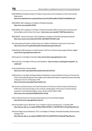 Monitoring Matrix on Enabling Environment for Civil Society Development70
OSCE/ODIHR Key Guiding Principles of Freedom of Association with an Emphasis on Non-Governmental
Organizations
	http://www.legislationline.org/upload/lawreviews/46/a8/24ea8fac61f2ba6514e5d38af6b2.pdf
OSCE/ODIHR, 2007, Guidelines on Freedom of Peaceful Assembly
http://www.osce.org/odihr/24523
OSCE/ODIHR, 2010, Guidelines on Freedom of Peaceful Assembly. Office for Democratic Institutions and
Human Rights and the Venice Commission http://www.osce.org/odihr/73405?download=true
OSCE/ODIHR – Venice Commission, 2010, Guidelines on Freedom of Peaceful Assembly (2nd edition)
http://www.venice.coe.int/docs/2010/CDL-AD%282010%29020-e.pdf
The Johannesburg Principles on National Security, Freedom of Expression and Access to Information
	 http://www.article19.org/data/files/pdfs/standards/joburgprinciples.pdf
United Nations (UN) Convention on the Elimination of All Forms of Discrimination against Women  http://
www2.ohchr.org/english/law/cedaw.htm
UN Convention on the Rights of the Child http://www2.ohchr.org/english/law/crc.htm
UN Convention on the Rights of Persons with Disabilities http://untreaty.un.org/English/notpubl/IV_15_
english.pdf
Universal Declaration of Human Rights
http://www.ohchr.org/english/about/publications/docs/fs2.htm
UN Declaration on the Right and Responsibility of Individuals, Groups and Organs of Society to Promote and
Protect Universally Recognized Human Rights and Fundamental Freedoms, adopted by General Assembly
in Resolution 53/144 of 9 December 1998.
	 http://www2.ohchr.org/english/law/freedom.htm
UN, Economic and Social Council, U.N. Sub-Commission on Prevention of Discrimination and Protection
of Minorities, Siracusa Principles on the Limitation and Derogation of Provisions in the International
Covenant on Civil and Political Rights, Annex, UN Doc E/CN.4/1985/4 (1984)
	 http://www.unhcr.org/refworld/pdfid/4672bc122.pdf
UN First Optional Protocol to the International Covenant on Civil and Political Rights
	 http://www2.ohchr.org/english/law/ccpr.htm
UN Human Rights Council, Resolution 12/16, Freedom of opinion and expression, 12 October 2009
	 http://daccess-dds-ny.un.org/doc/RESOLUTION/LTD/G09/161/50/PDF/G0916150.pdf?OpenElement
UN Human Rights Council Resolution 15/21 on the Rights to Freedom of Peaceful Assembly and Association,
6 October 2010
	http://daccess-dds-ny.un.org/doc/UNDOC/LTD/G10/164/82/PDF/G1016482.pdf?OpenElement
 