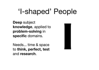 ‘I-shaped’ People
Deep subject
knowledge, applied to
problem-solving in
speciﬁc domains.

Needs... time & space
to think, perfect, test
and research.
 