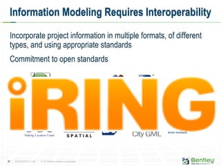 21 | WWW.BENTLEY.COM | © 2012 Bentley Systems, Incorporated
Incorporate project information in multiple formats, of different
types, and using appropriate standards
Commitment to open standards
Information Modeling Requires Interoperability
 