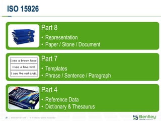 27 | WWW.BENTLEY.COM | © 2012 Bentley Systems, Incorporated
Part 8
• Representation
• Paper / Stone / Document
Part 7
• Templates
• Phrase / Sentence / Paragraph
Part 4
• Reference Data
• Dictionary & Thesaurus
ISO 15926
 