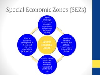 Special Economic Zones (SEZs) 
Used to 
encourage 
investment, 
generate 
employment 
and promote 
economic 
activity 
Special 
Economic 
Zones 
Operational 
SEZs has 
increased from 
19 to 153 
including a new 
defense SEZ in 
Gujarat 
Benefits include 
subsidized 
electricity, 
minimum 
regulation, & 
tariff removal 
etc. 
Plans to 
accelerate 
development of 
IT SEZs and 
restore tax 
exemptions 
(DDT, MAT etc.) 
 