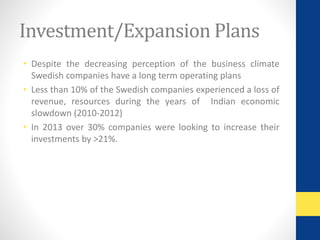 Investment/Expansion Plans 
• Despite the decreasing perception of the business climate 
Swedish companies have a long term operating plans 
• Less than 10% of the Swedish companies experienced a loss of 
revenue, resources during the years of Indian economic 
slowdown (2010-2012) 
• In 2013 over 30% companies were looking to increase their 
investments by >21%. 
 