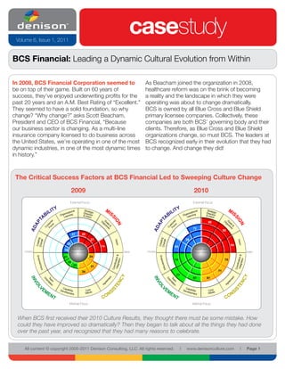 Volume 6, Issue 1, 2011
                                                                  casestudy
BCS Financial: Leading a Dynamic Cultural Evolution from Within

In 2008, BCS Financial Corporation seemed to                          As Beacham joined the organization in 2008,
be on top of their game. Built on 60 years of                         healthcare reform was on the brink of becoming
success, they’ve enjoyed underwriting profits for the                 a reality and the landscape in which they were
past 20 years and an A.M. Best Rating of “Excellent.”                 operating was about to change dramatically.
They seemed to have a solid foundation, so why                        BCS is owned by all Blue Cross and Blue Shield
change? “Why change?” asks Scott Beacham,                             primary licensee companies. Collectively, these
President and CEO of BCS Financial, “Because                          companies are both BCS’ governing body and their
our business sector is changing. As a multi-line                      clients. Therefore, as Blue Cross and Blue Shield
insurance company licensed to do business across                      organizations change, so must BCS. The leaders at
the United States, we’re operating in one of the most                 BCS recognized early in their evolution that they had
dynamic industries, in one of the most dynamic times                  to change. And change they did!
in history.”


 Overall Comparison
 The Critical Success Factors at BCS Financial Led to Sweeping Culture Change
                                    2009                                                                 2010
                                    2009                                                                2010
                                External Focus                                                         External Focus




                                                                                                                       90

                                                                                                       72
                                                                                                                                 90
                                    27       49
                                                   27                                             39
                            20                                                                                                          94
                                                        74                              64
                           16        Beliefs and                                                         Beliefs and
      Flexible                      Assumptions              Stable   Flexible                          Assumptions                                   Stable
                          21                       24
                                                                                        74                                        70
                               19
                                     23            31
                                             34                                                                             71
                                                                                         77
                                                                                                       67         61




                                Internal Focus                                                         Internal Focus


                                    N = 80                                                              N = 93
  When BCS first received their 2010 Culture Results, they thought there must be some mistake. How
  could they have improved so dramatically? Then they began to talk about all the things they had done
  over the past year, and recognized that they had many reasons to celebrate.
 BCS Insurance
                                                                                    SB 2009                                           28-Jun-10
      All content © copyright 2005-2011 Denison Consulting, LLC. All rights reserved.         l   www.denisonculture.com                          l   Page 1
 