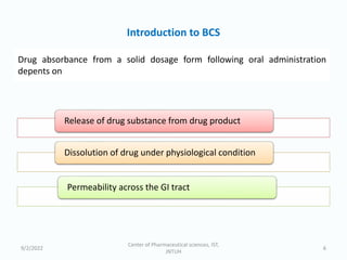 Introduction to BCS
Release of drug substance from drug product
Dissolution of drug under physiological condition
Permeability across the GI tract
9/2/2022
Center of Pharmaceutical sciences, IST,
JNTUH
6
Drug absorbance from a solid dosage form following oral administration
depents on
 